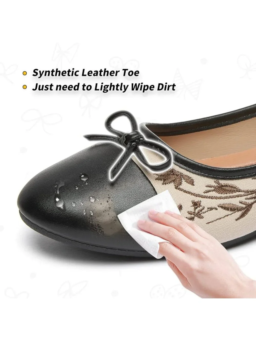Women Apricot Black Flats Shoes with Pomegranate Embroidery with Bow Comfortable